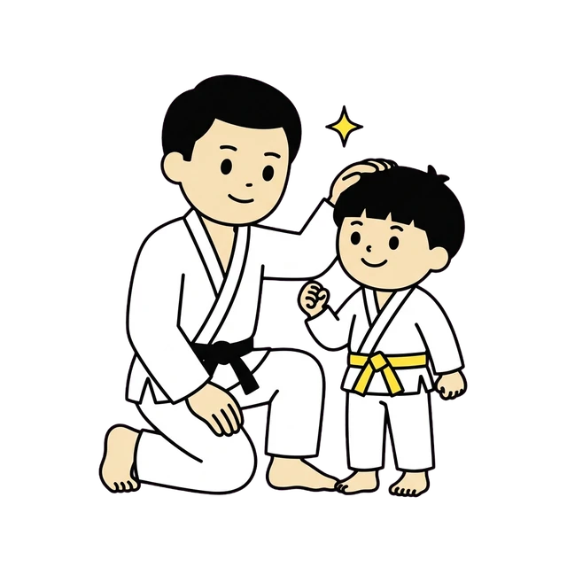 道着姿の保護者が子どもの頭を撫でているイラスト