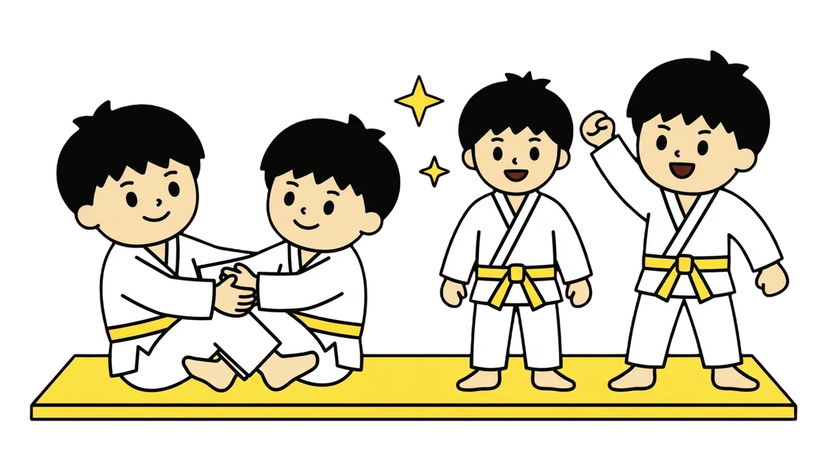 マットの上で楽しく柔術に取り組む子どもたちのイラスト