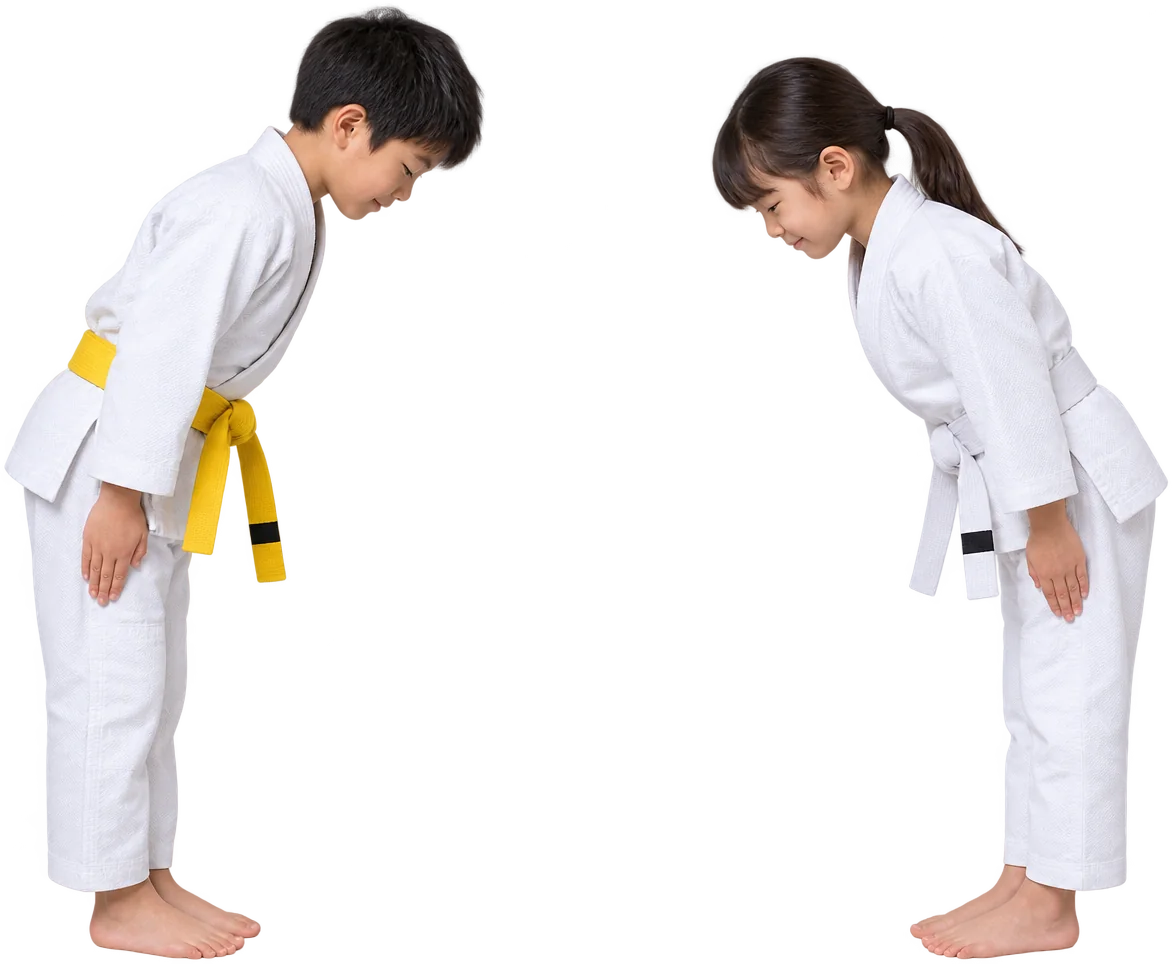 向かい合って礼をする、道着姿の男の子と女の子(イメージ)