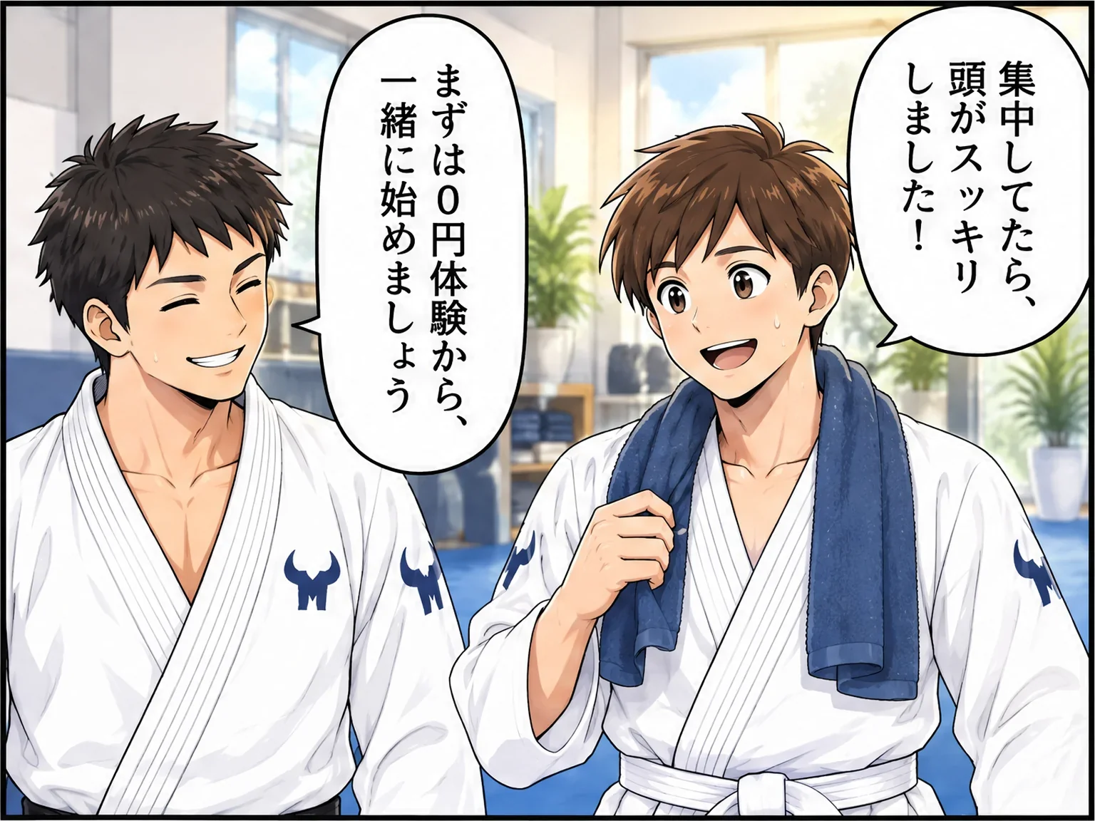 練習後、タオルを首にかけた男性が笑顔で「集中してたら、頭がスッキリしました!」。隣でインストラクターが笑顔で「まずは0円体験から、一緒に始めましょう」