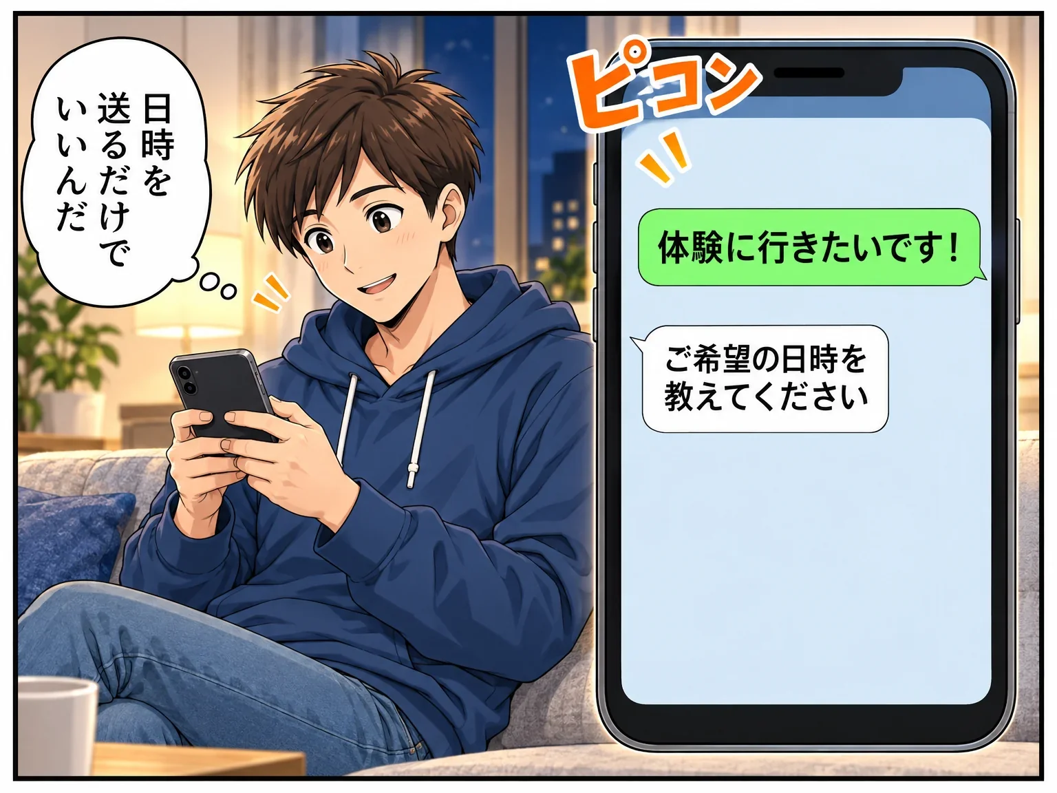 夜、自宅のソファでスマホから体験を申し込む男性。トーク画面に「体験に行きたいです！」「ご希望の日時を教えてください」。心の声「日時を送るだけでいいんだ」